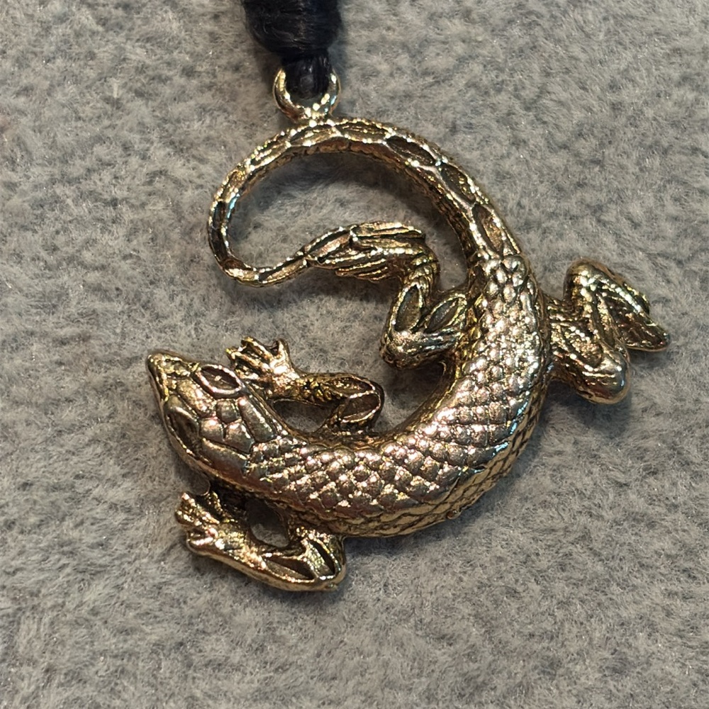 Gold Iguana on Silk Rope Necklace 24” long silk cord